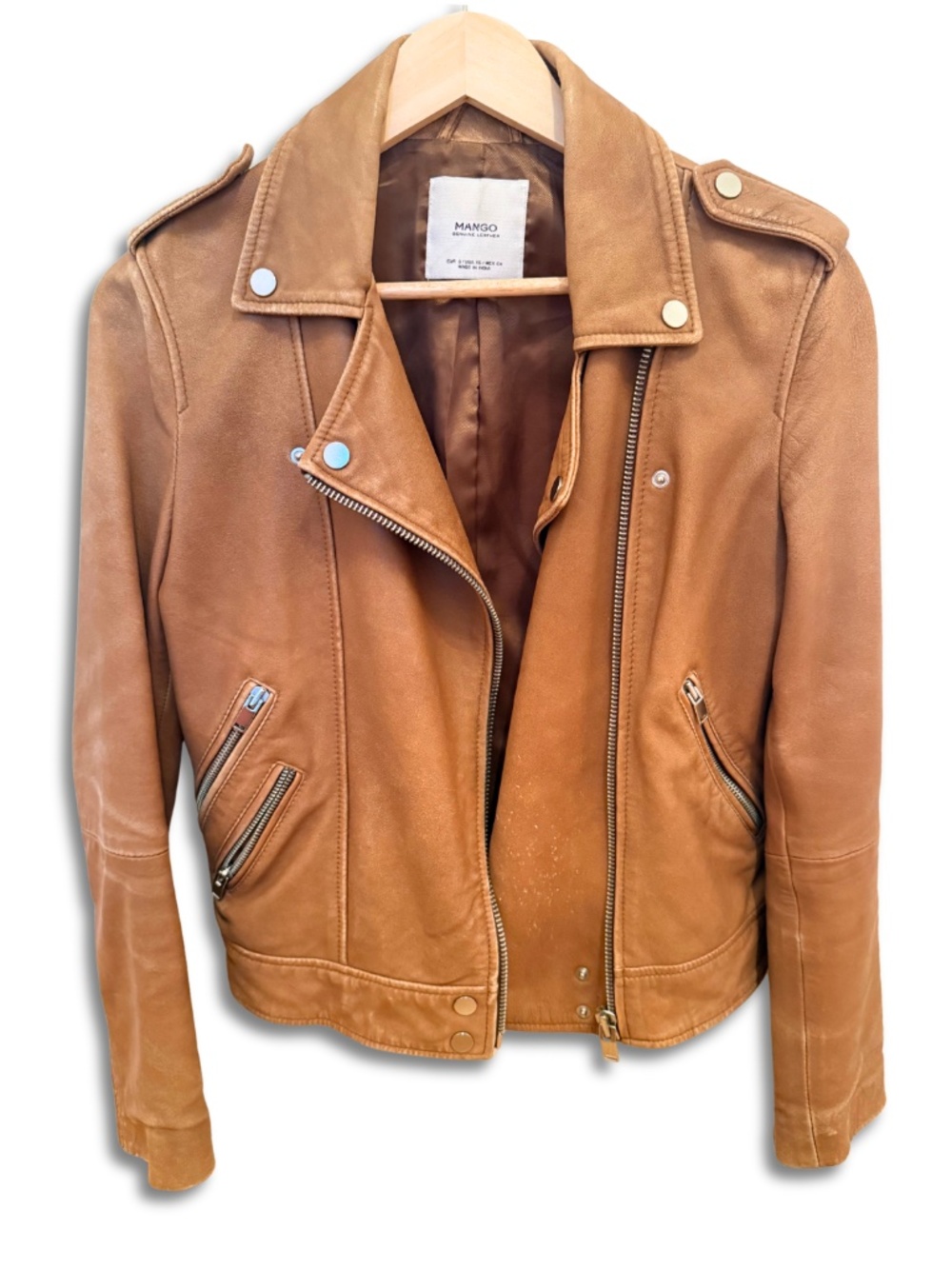Mango Genuine Leather Moto Jacket in Cognac Tan, Size XS
